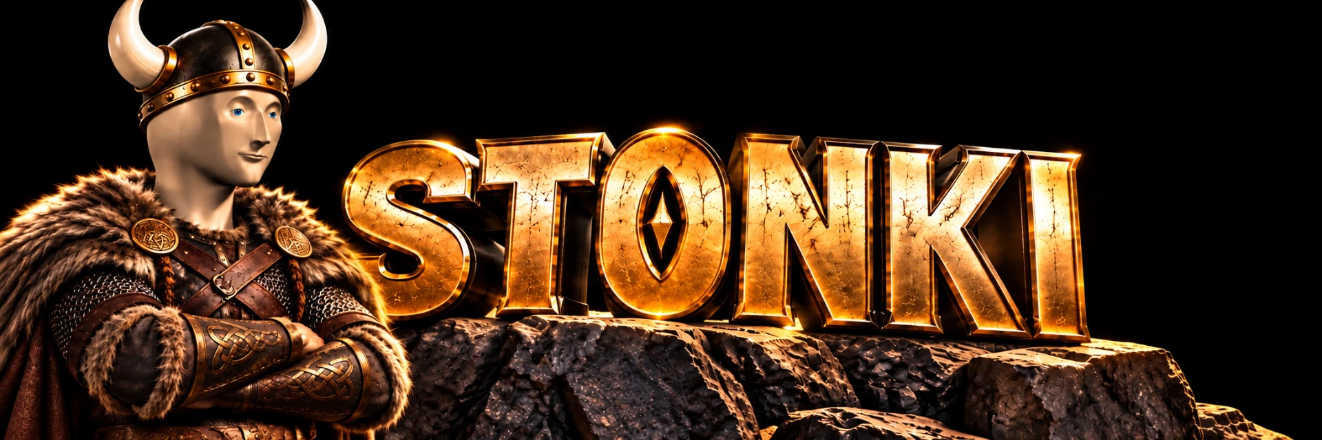 STONKI Viking standing beside a monumental gold STONKI wordmark